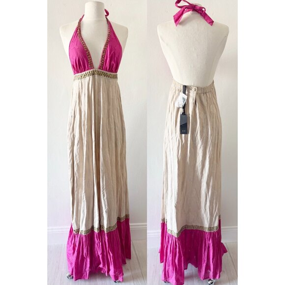 Vix Paula Hermanny Dresses & Skirts - NEW ViX by Paula Hermanny Beige & Pink Halter Long Maxi Dress Size Small (S)